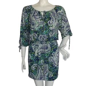 CACHE Dress, S, Blue/Green Paisley, Smocked waist, Slit Sleeve, Tie Neck/Beaded